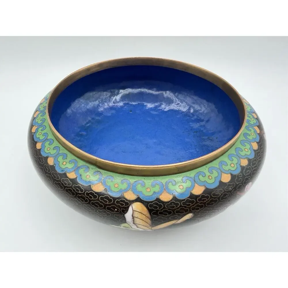 Chinese Cloisonné Lidded Bowl Hand Painted Enamel Flowers & Butterflies Vintage